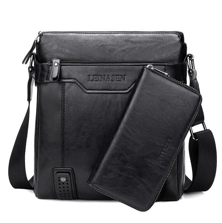 Men's soft messenger shoulder bag with zip closure and polyester lining in black, brown, or khaki
