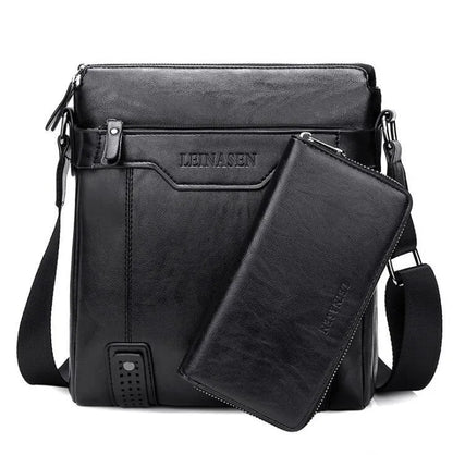Men's soft messenger shoulder bag with zip closure and polyester lining in black, brown, or khaki