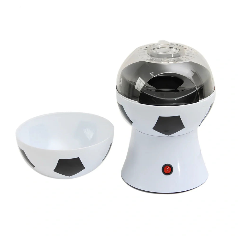 Football-shaped electric popcorn machine with automatic collector, 220V plug, and measuring lid for 50g corn portions