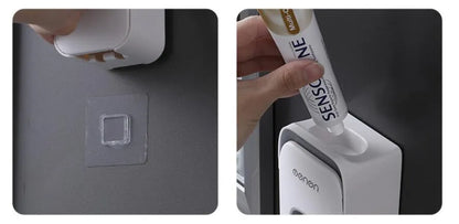 Automatic toothpaste dispenser with motion sensor and LED light in blue, grey or pink colours mounted on bathroom wall