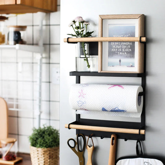 Magnetic Refrigerator Organizer with six hooks, wooden crossbar, and sleek matte metal finish