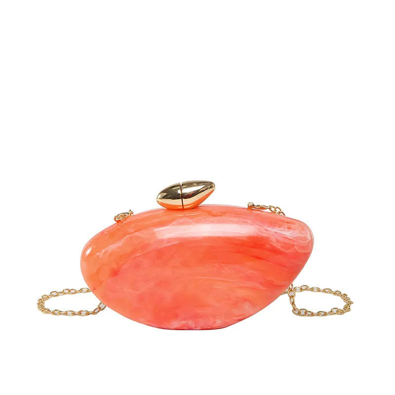 Oval shell goose egg acrylic evening bag with chain shoulder strap, hard outer and mobile phone bag section