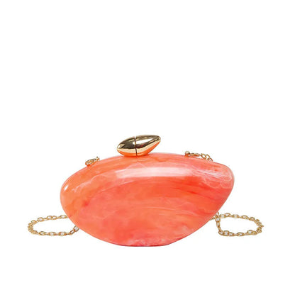 Oval shell goose egg acrylic evening bag with chain shoulder strap, hard outer and mobile phone bag section