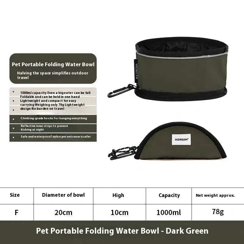 Folding pet water bowl in 190D nylon waterproof cloth, 1000ml capacity, shown in Chestnut Pink, Dark Green, Gray Green or Khaki