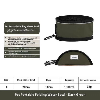 Folding pet water bowl in 190D nylon waterproof cloth, 1000ml capacity, shown in Chestnut Pink, Dark Green, Gray Green or Khaki