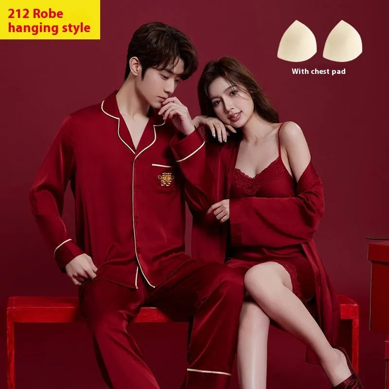 Red ice silk sleepwear set with long sleeves and trousers for men and women, lightweight fabric