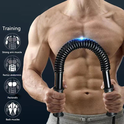 Adjustable spring resistance arm trainer for building chest and arm strength at home or on the go