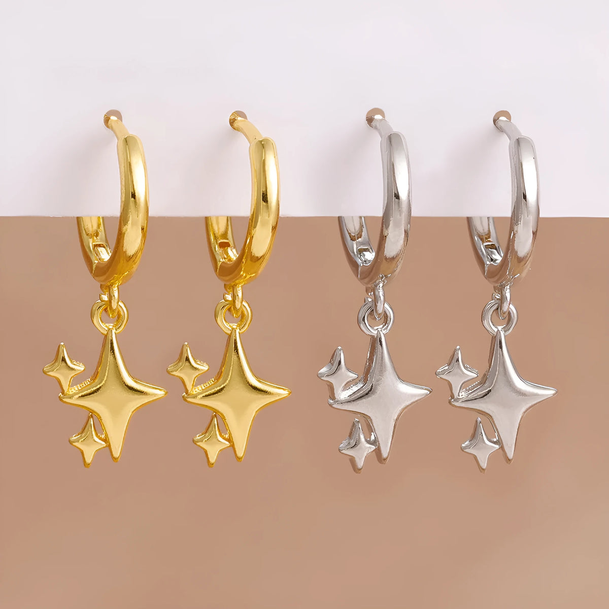 Small star-shaped copper earrings for women in gold or silver, supplied as one pair