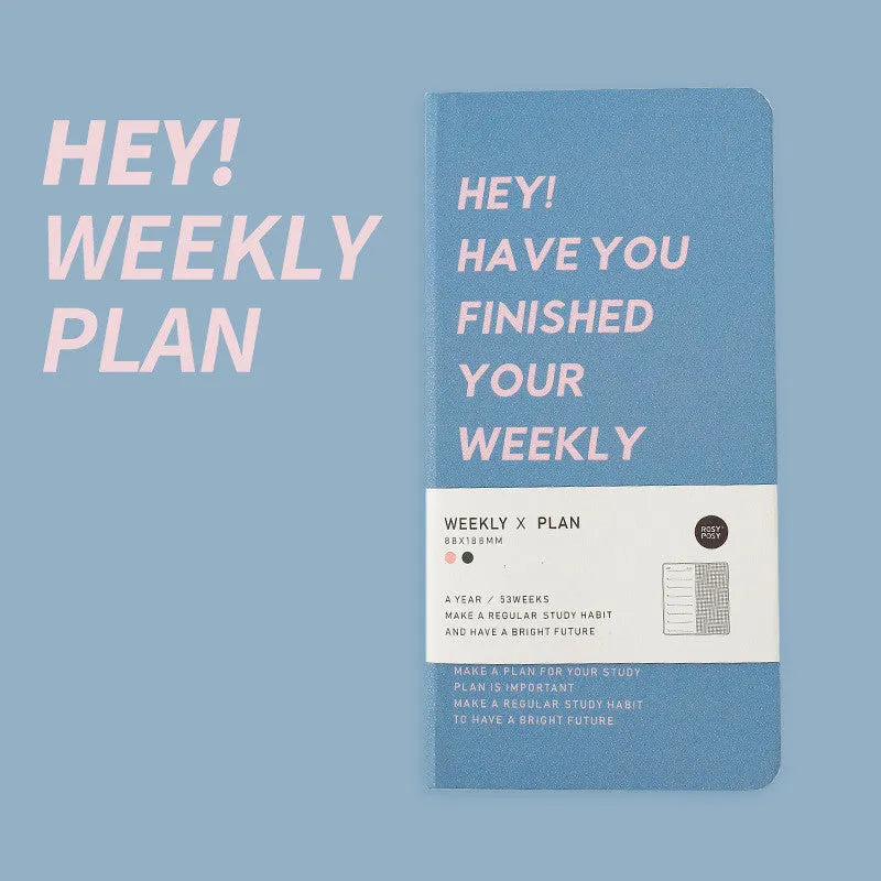 A5 weekly plan diary handbook with 100 sheets, shown in blue, brown, green, and purple colour options.
