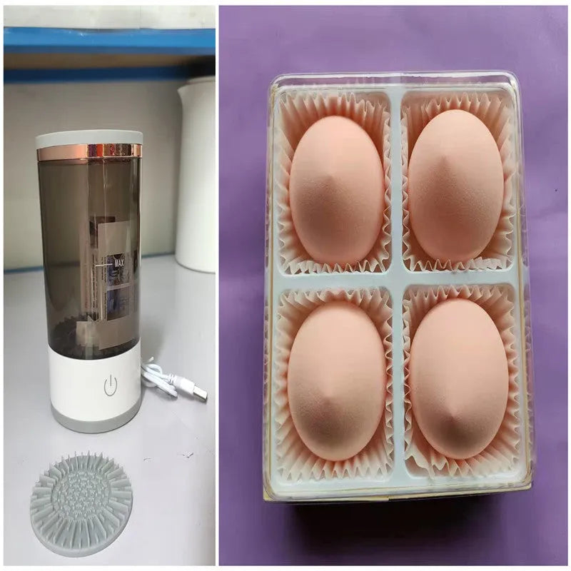 Grey and white portable electric makeup brush cleaner with USB charging cable.