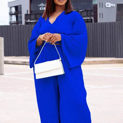 Wide leg trousers two-piece set with batwing sleeves in sapphire blue colour