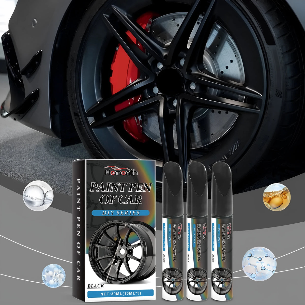 Black car wheel hub scratch healing pen, 3x10ml set, 1.7x11.3cm touch-up pens for black wheel scratches