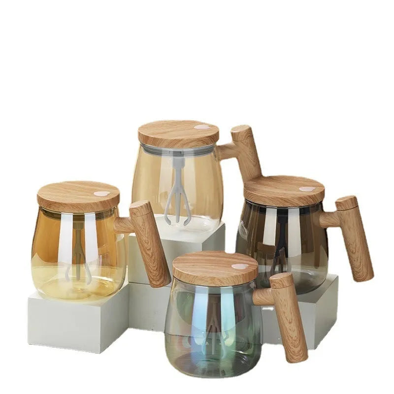 Clear borosilicate glass self-stirring coffee mug with 400ml capacity and electric mixing button