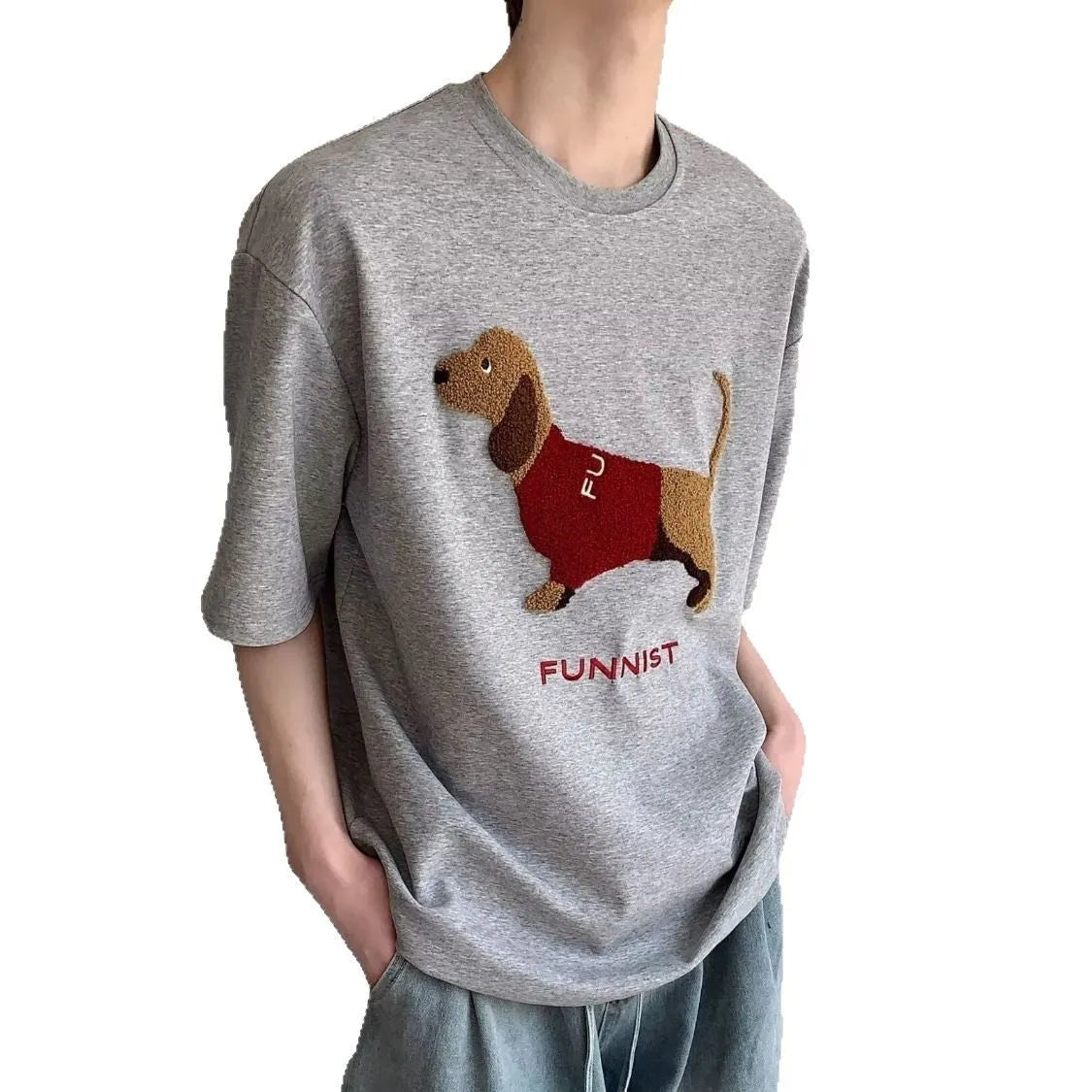 Men's grey cotton t-shirt with embroidered sausage dog design on front, short sleeves, round neck