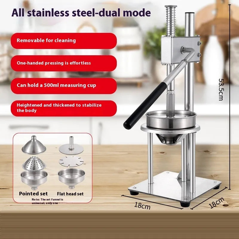 Manual orange juice juicer with stainless steel construction showing 480cm height and disassembled components
