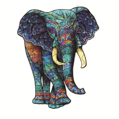 Wooden jigsaw puzzle with colourful elephant and turtle shaped pieces in A3, A4, A5 sizes