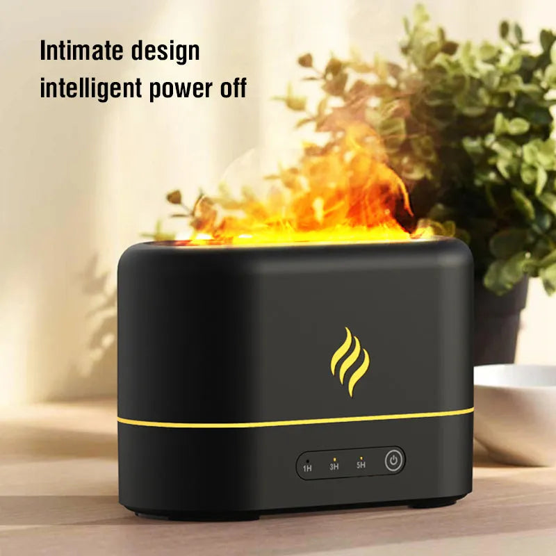 Black or white USB humidifier with seven-colour flame effect light and water tank.