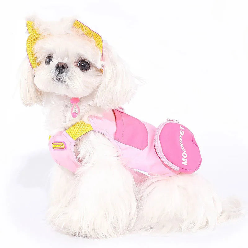 Pink polyester pet vest for small dog breeds on mannequin showing adjustable design