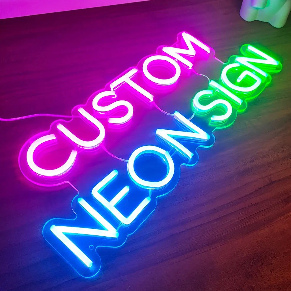 Custom neon letter sign with Alec shell material in 50cm to 90cm sizes showing 12V power system