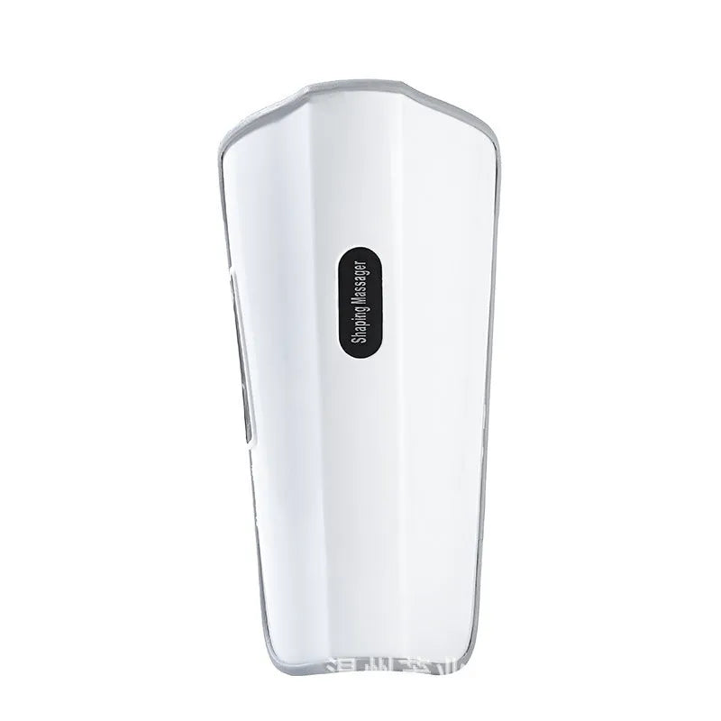 White plastic pulse calf massager with electrotherapy and infrared functions, showing mechanical controls.