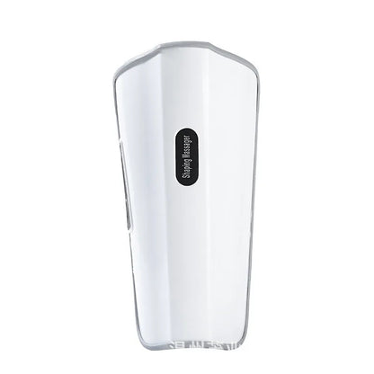 White plastic pulse calf massager with electrotherapy and infrared functions, showing mechanical controls.