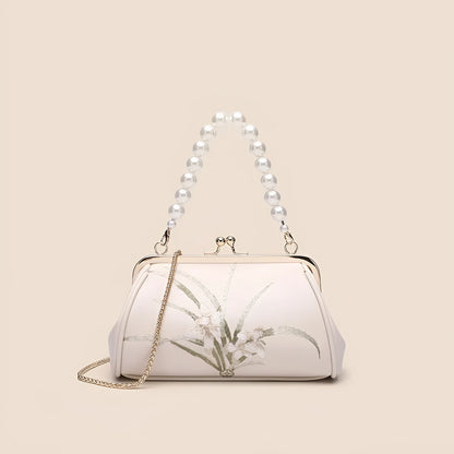 Beige soft PU shell-shaped women's shoulder bag with embroidered detail