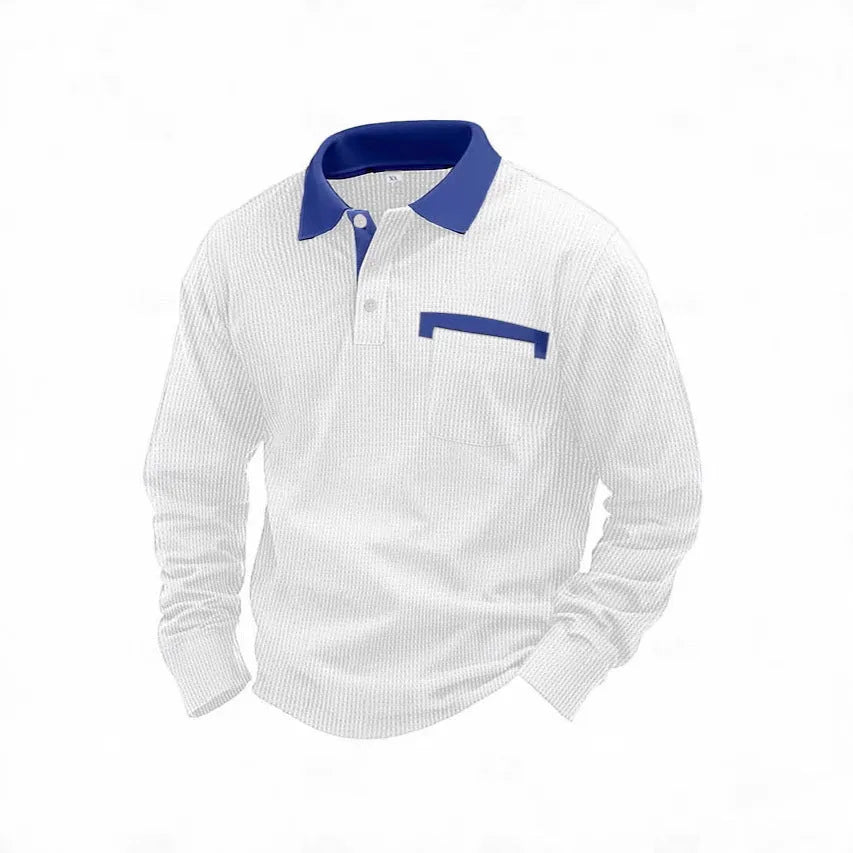 Men's long-sleeved waffle texture polo shirt with asymmetric design in loose fit