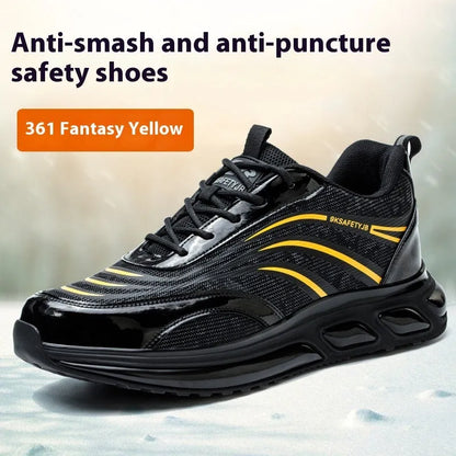 Lightweight orange and grey safety shoes with leather upper and rubber sole on a work floor.