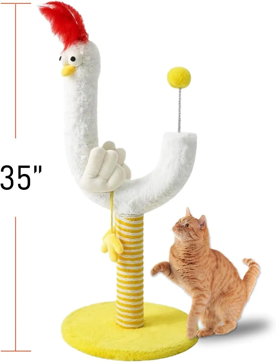 Tall yellow sisal cat scratching post with chicken strip pattern and a spring ball on top.