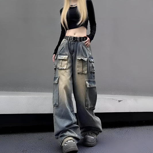 Loose multi-pocket distressed denim pants in light blue and black on a size chart.