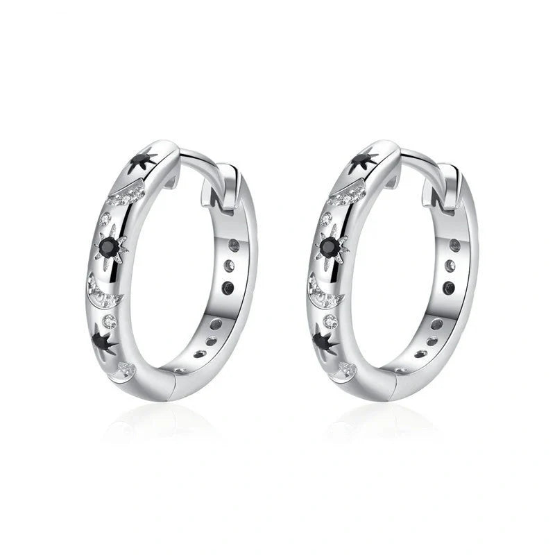 French Inlaid Zircon Star and Moon Earrings in black with celestial design