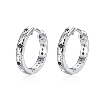 French Inlaid Zircon Star and Moon Earrings in black with celestial design