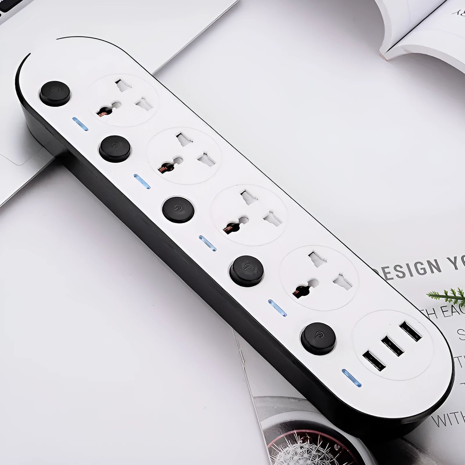 International power strip with multiple switches and USB charging ports