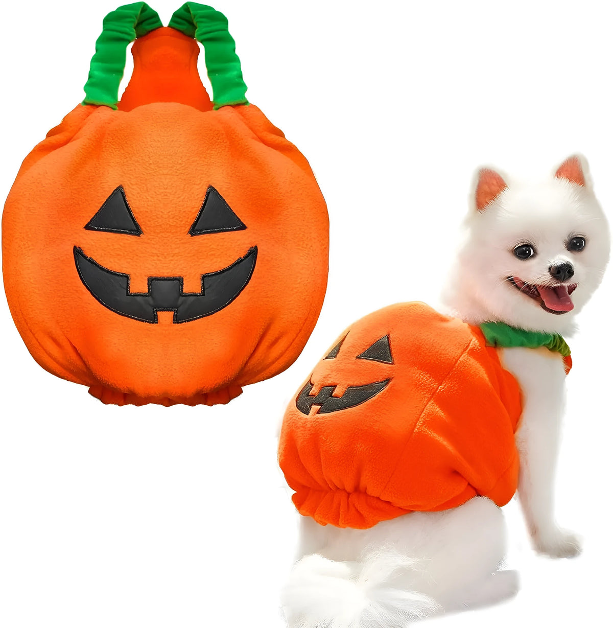 Orange pumpkin plush Halloween costume for a small dog showing pullover design and soft texture.