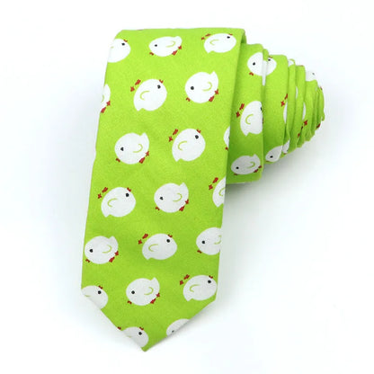A narrow Korean-style cotton bow tie featuring a cartoon print, shown in a selection of colours.