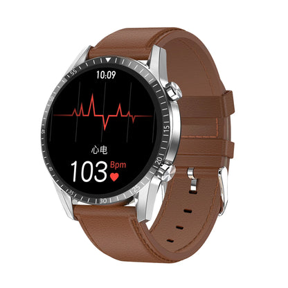Round smartwatch with aluminium alloy case on wrist, showing interface with heart rate data.