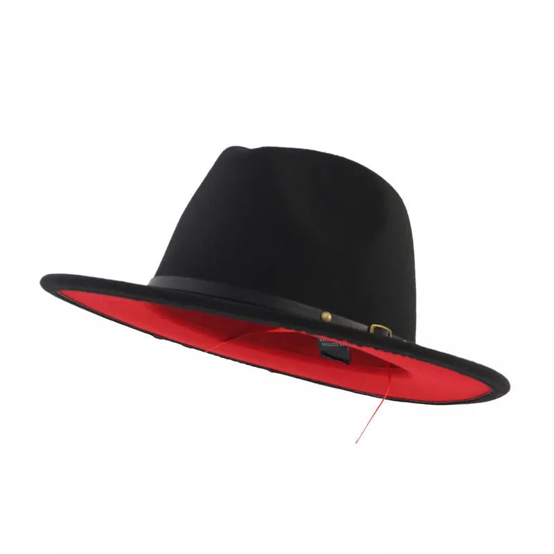 Woolen flat brim fedora jazz hat in black and red, perfect for winter warmth and style