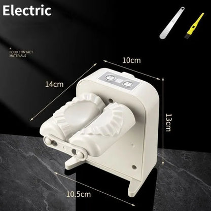 White automatic electric dumpling maker machine with USB cable, brush, and spoon.
