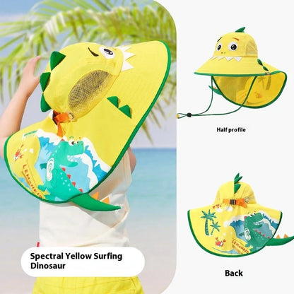 Yellow dinosaur pattern children's sun hat with wide brim for UV protection