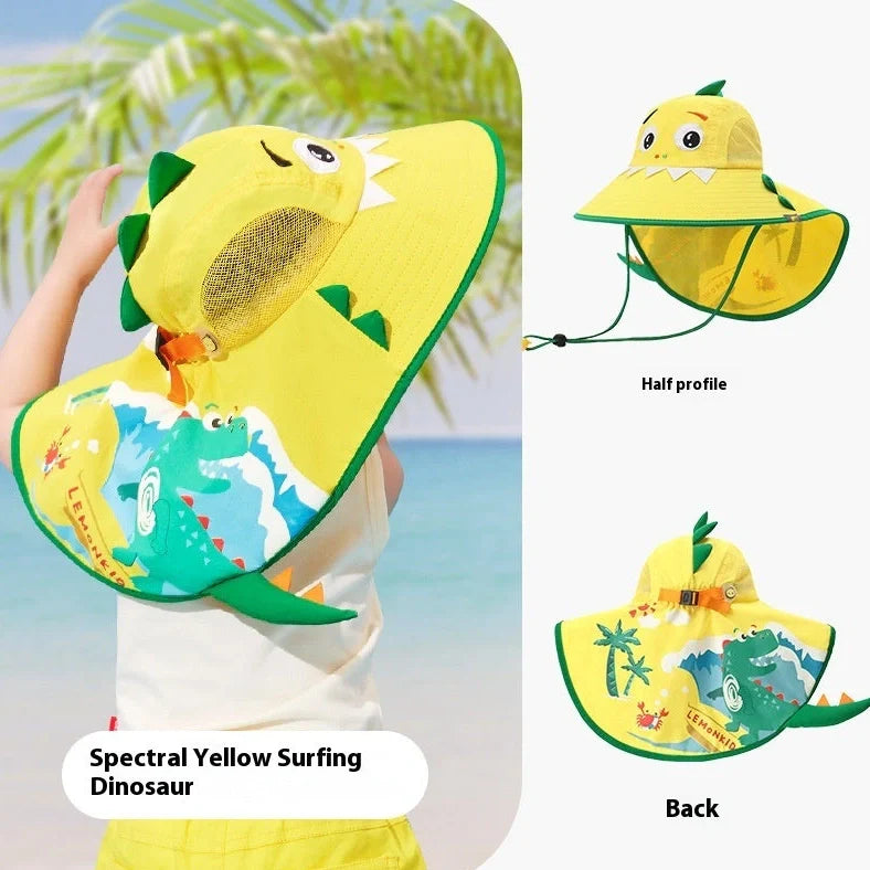 Outdoor children's sun protection fisherman hat with UPF 50+ UV blocking, available in yellow dinosaur and pink unicorn cartoon patterns with Korean style design for summer and autumn wear
