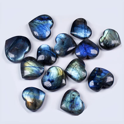 Natural pulled feldspar geometric heart pendant in ocean blue moonlight colours showing size variations