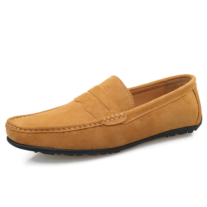 Men's suede loafers in black, blue, dark blue, wine red, and yellow colours with round toe and slip-on design.