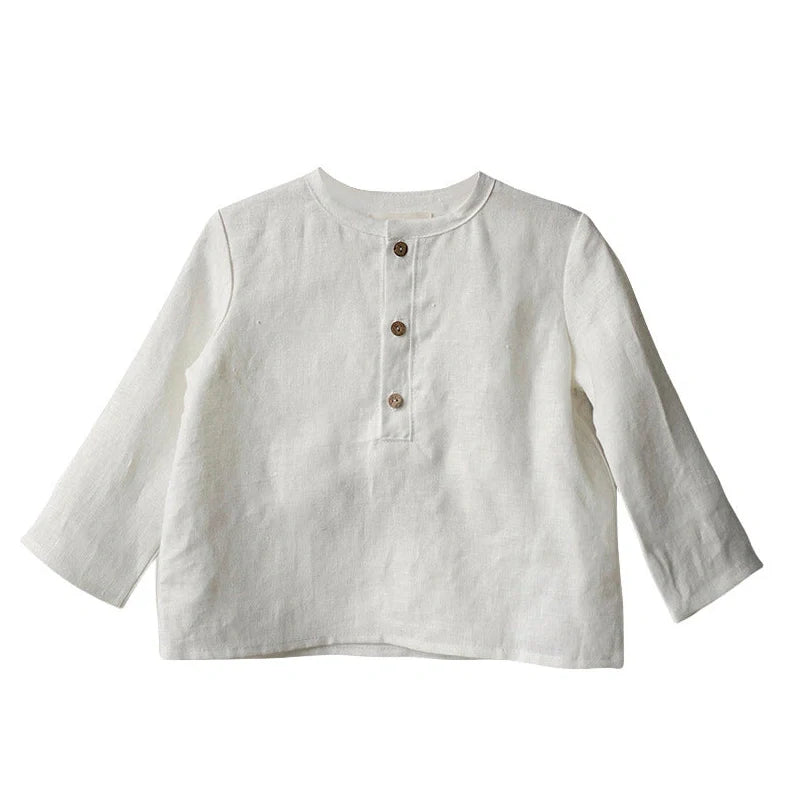 Boy's half-open collar linen shirt in green colour with long sleeves