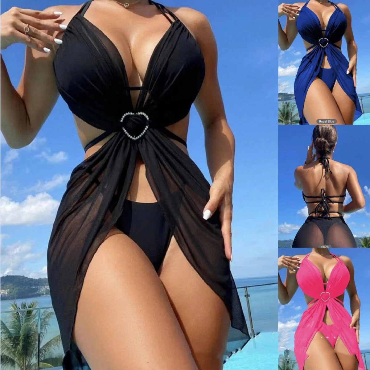 3-piece halter neck bikini set in solid colors for beach and summer wear