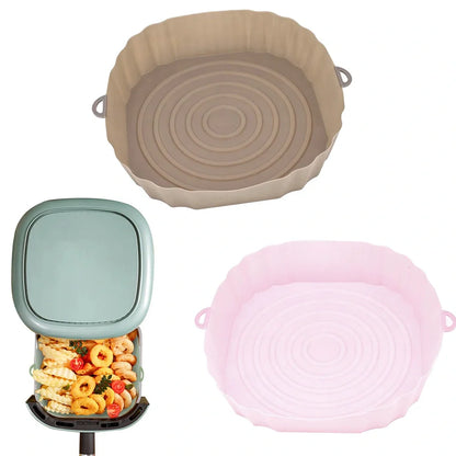 Silicone air fryer basket liner in light grey colour showing 4.5cm depth and flexible design for round air fryers