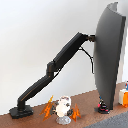 Black rotating telescopic LCD screen bracket elevated on a table.