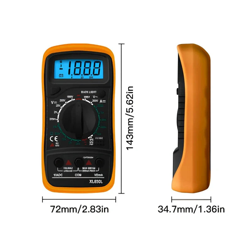 Digital multimeter with black and yellow housing showing 45x20mm LCD display for electrical measurements