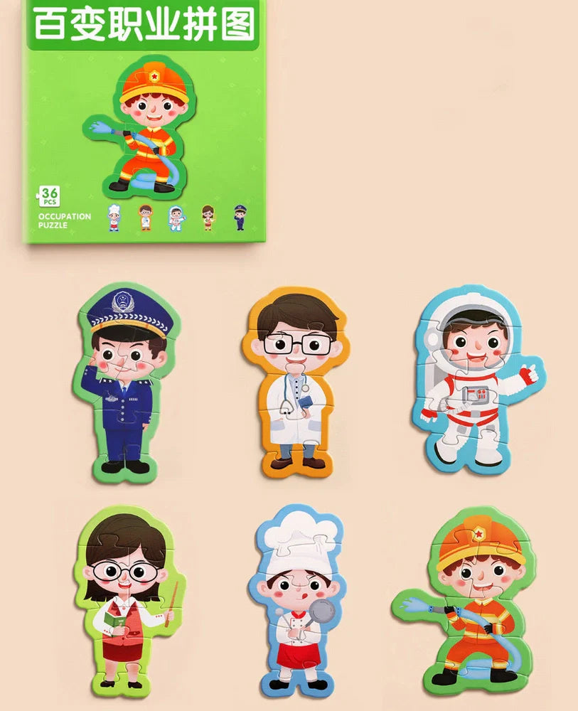 Five educational puzzle boxes for infants with animal, fruit, farm, transportation, and profession themes