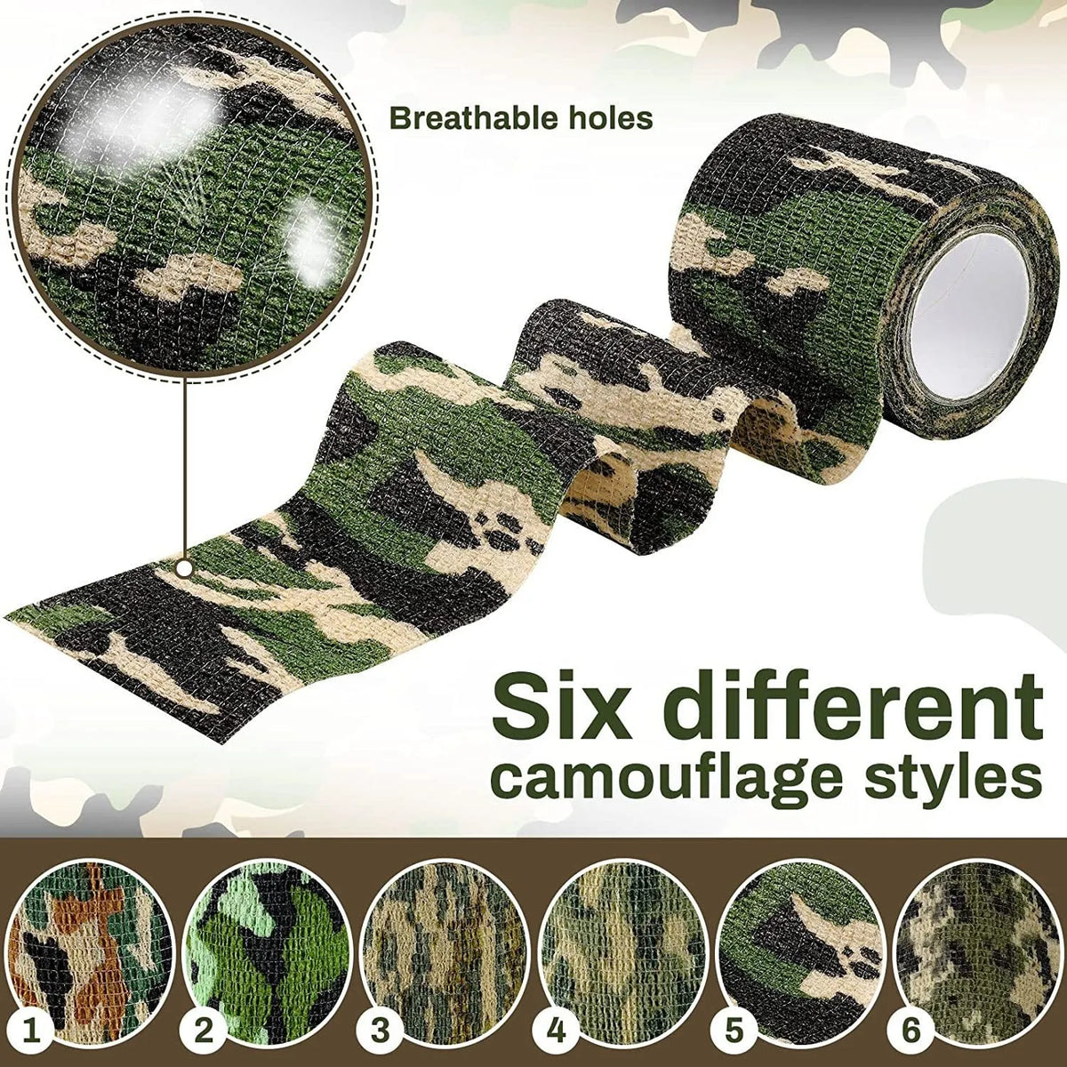 Roll of non-woven elastic camouflage bandage tape in a forest pattern, 4.5 metres long and 5cm wide.