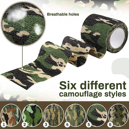 Roll of non-woven elastic camouflage bandage tape in a forest pattern, 4.5 metres long and 5cm wide.